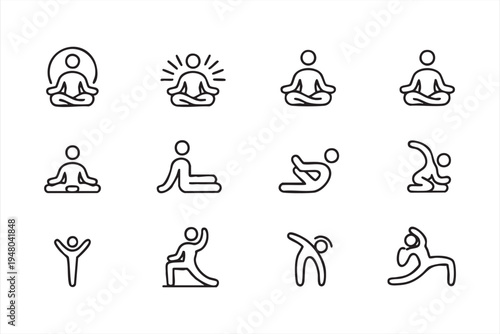 Yoga practice outline icon collection with meditation poses stretching balance and mindfulness