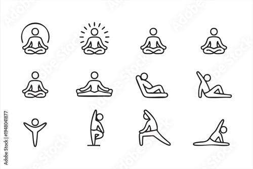 Fitness yoga pose line icons with meditation posture stretching and wellness lifestyle symbols