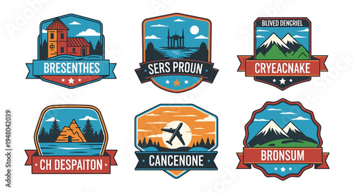 Illustrated set of travel destination badges, capturing diverse global landscapes from majestic mountains and tranquil lakes to historic architecture and adventurous journeys