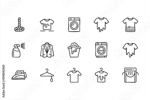 Clothes cleaning outline icon collection with laundry machine iron shirt hanger and fabric care