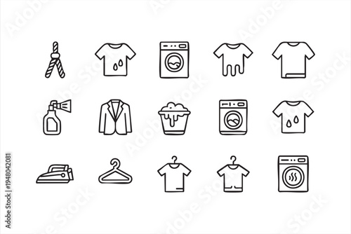Laundry service line icons with washing machine iron detergent spray hanger and clothing symbols