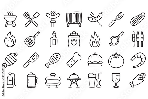 Barbecue cooking outline icon collection with grill steak sausage burger beer and chef elements