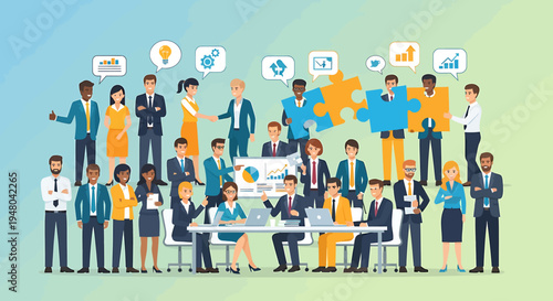 Successful Business Team Collaboration and Strategy Meeting with Puzzle Pieces Connecting Ideas