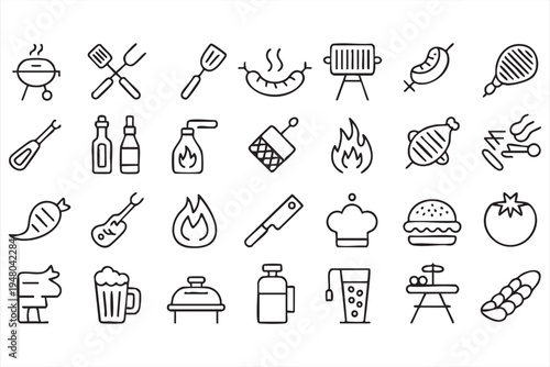 Barbecue grilling line icons with spatula tongs steak sausage and outdoor cooking elements