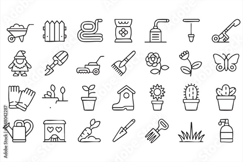 Gardening line icons set with tools watering can lawn mower flowers plants and garden equipment