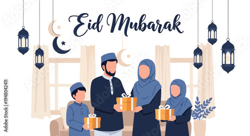 Joyful Muslim parents and children celebrate Eid al-Fitr at home, exchanging gifts and sweets with lantern and crescent decorations in a modern flat vector style