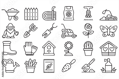Garden care icon set with tools plants watering can lawn mower and horticulture symbols