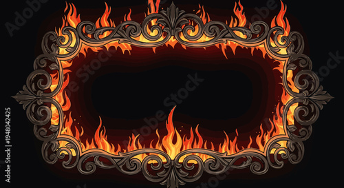 Dramatic Ornate Frame Ablaze with Intense Flames, a Fiery and Decorative Border for Captivating Designs and Powerful Visual Statements on a Dark Background