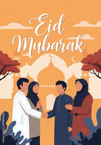 Diverse Muslim friends warmly greet each other during Eid celebration near a mosque silhouette, wearing traditional modest outfits in flat solid color vector style