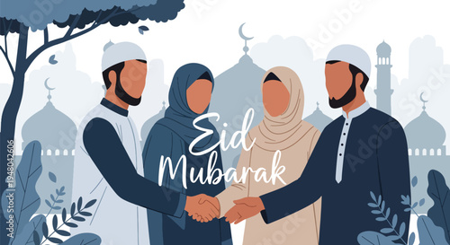 Diverse Muslim friends warmly greet each other during Eid celebration near a mosque silhouette, wearing traditional modest outfits in flat solid color vector style