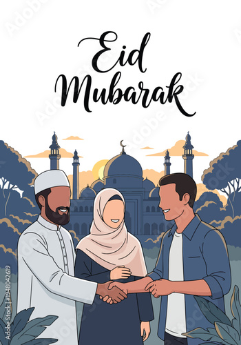 Diverse Muslim friends warmly greet each other during Eid celebration near a mosque silhouette, wearing traditional modest outfits in flat solid color vector style