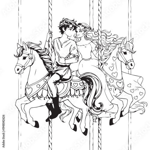 Romantic Carousel Ride: A Couple on Ornate Horses in a Whimsical Fairground Scene.