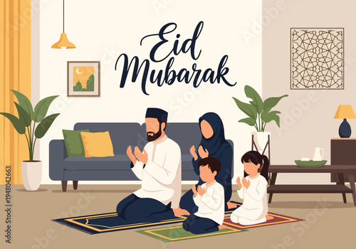 Muslim family in traditional modest clothing prays together before enjoying Eid at home, surrounded by festive lantern and crescent decorations in flat vector style