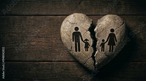 Broken stone heart with separated parents and children silhouettes symbolizing divorce family separation child custody conflict and emotional breakup concept