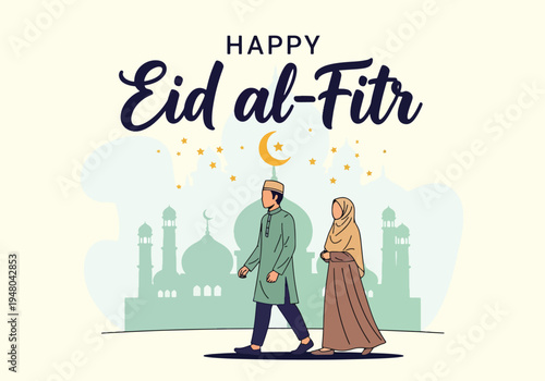Muslim man and woman in modest traditional clothing walking to mosque for Eid prayer under crescent moon and stars in modern flat vector illustration