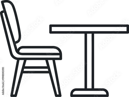 Clean and minimalist line art illustration of a single chair placed beside a small square table, representing a simple dining or work area in a modern cafe or home setting.