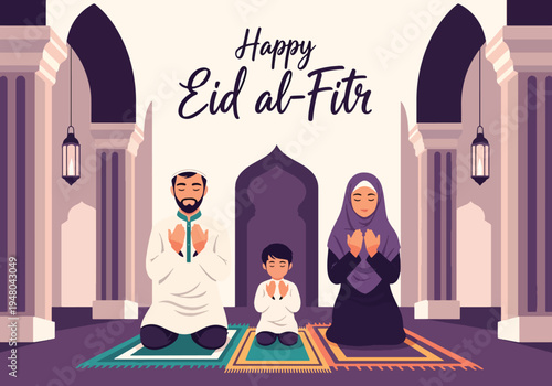 Muslim family praying together inside mosque during Eid celebration with symmetrical arches and modest traditional clothing in modern flat vector style
