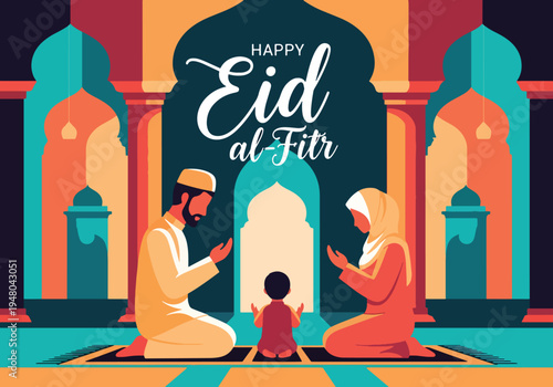 Muslim family praying together inside mosque during Eid celebration with symmetrical arches and modest traditional clothing in modern flat vector style