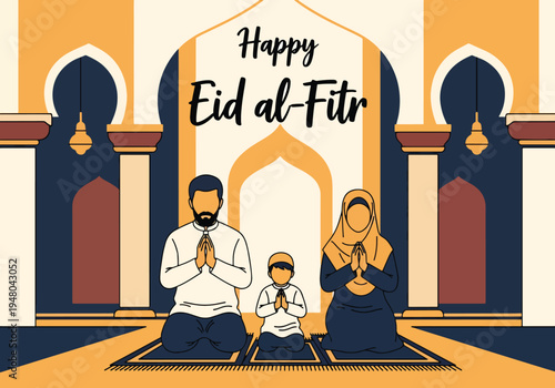 Muslim family praying together inside mosque during Eid celebration with symmetrical arches and modest traditional clothing in modern flat vector style