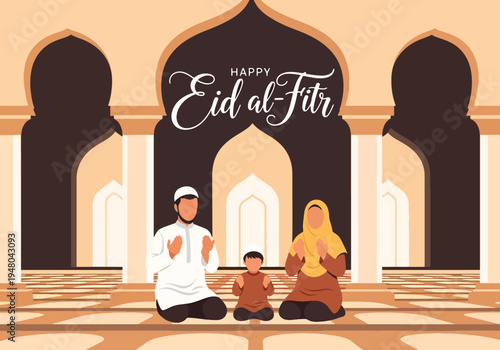 Muslim family praying together inside mosque during Eid celebration with symmetrical arches and modest traditional clothing in modern flat vector style