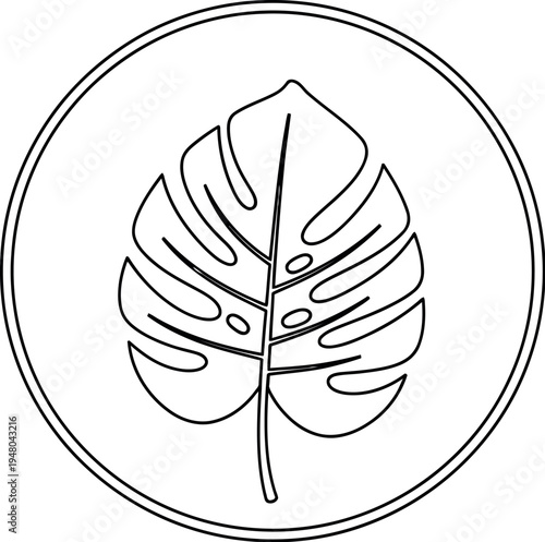 Minimalist outline icon featuring a tropical monstera deliciosa leaf design enclosed within a clean circular border element