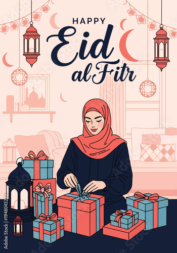 Muslim woman wrapping and arranging festive Eid gift hampers in decorated home interior illustrated in modern flat solid color vector style