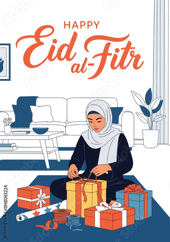 Muslim woman wrapping and arranging festive Eid gift hampers in decorated home interior illustrated in modern flat solid color vector style
