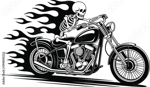 Skeleton riding motorcycle with flames biker skull illustration vintage chopper motorbike tattoo style vector design rebellious rider graphic