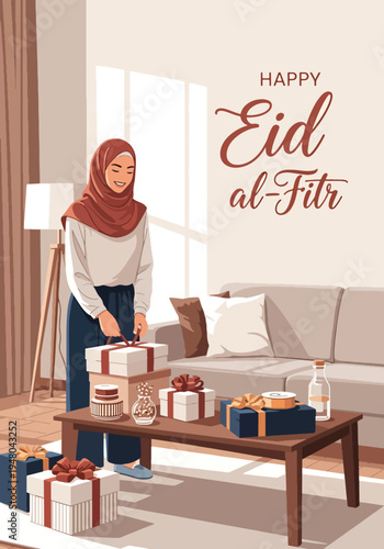 Muslim woman wrapping and arranging festive Eid gift hampers in decorated home interior illustrated in modern flat solid color vector style