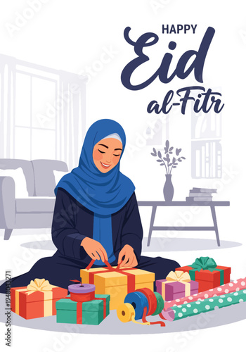 Muslim woman wrapping and arranging festive Eid gift hampers in decorated home interior illustrated in modern flat solid color vector style