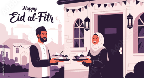 Friendly Muslim neighbors exchanging food trays and greetings during Eid visit at decorated doorway in modern flat solid color vector illustration style