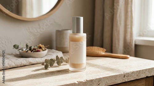 Cosmetic bottle on neutral vanity with natural decor