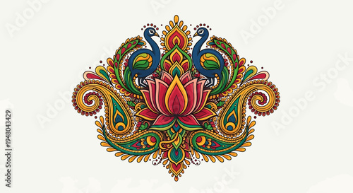 Vibrant Indian Lotus Flower with Peacocks and Paisley Ornate Design