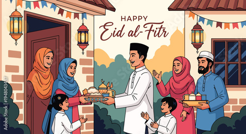 Friendly Muslim neighbors exchanging food trays and greetings during Eid visit at decorated doorway in modern flat solid color vector illustration style