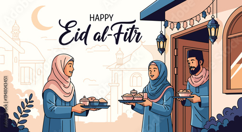 Friendly Muslim neighbors exchanging food trays and greetings during Eid visit at decorated doorway in modern flat solid color vector illustration style