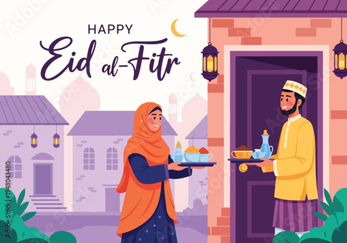 Friendly Muslim neighbors exchanging food trays and greetings during Eid visit at decorated doorway in modern flat solid color vector illustration style
