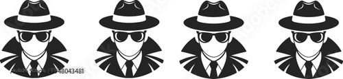 Spy secret agent detective silhouette icon set undercover man with hat sunglasses vector illustration espionage security mystery symbol design
