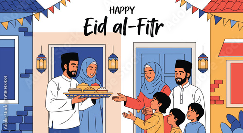 Friendly Muslim neighbors exchanging food trays and greetings during Eid visit at decorated doorway in modern flat solid color vector illustration style