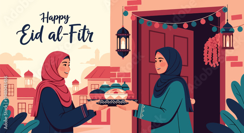 Friendly Muslim neighbors exchanging food trays and greetings during Eid visit at decorated doorway in modern flat solid color vector illustration style