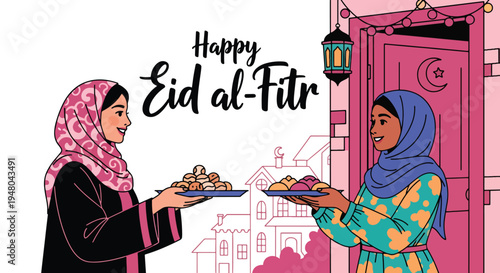 Friendly Muslim neighbors exchanging food trays and greetings during Eid visit at decorated doorway in modern flat solid color vector illustration style