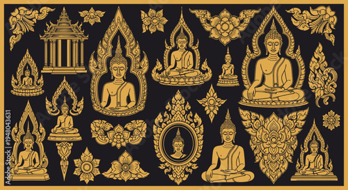 Collection of Golden Buddha Statues and Sacred Thai Temple Ornaments, Intricate Asian Cultural Vector Art for Spiritual Design and Decoration Elements