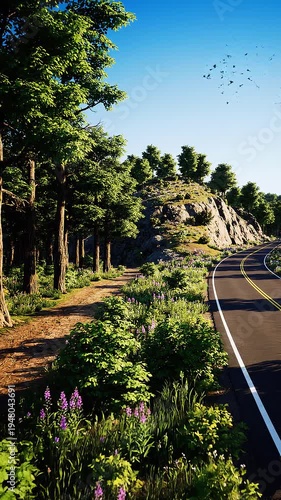 A winding road through a forested mountainous area with trees and flowers
