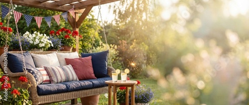 Cozy outdoor seating area with cushions and flowers in garden setting  