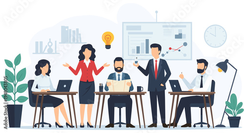 Diverse business team brainstorming in modern office with bright lighting in flat design for corporate website