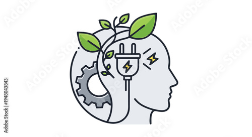 Isolated Human Head Green Energy Concept Vector Illustration with Plug, Leaves, and Gear. isolated PNG with Transparent Background
