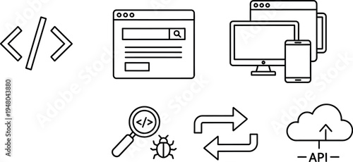 A collection of essential outline icons representing the various stages and components of modern web development and software engineering processes.