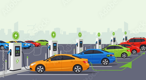 Electric Cars Charging at Public Station.