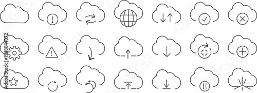 Minimal cloud line icons set, professional vector illustration of weather and cloud storage symbols,Sky and atmosphere collection icons, minimalist rain, sun, and cloud design elements
