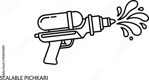 A simple line art icon illustration of a traditional water gun or pichkari actively shooting a stream of water, perfect for festive designs.