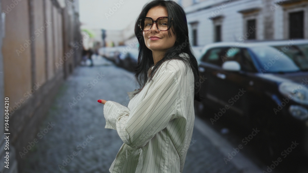 Fototapeta premium Woman extends both hands backward against a historic stone building facade on narrow street; invitation.